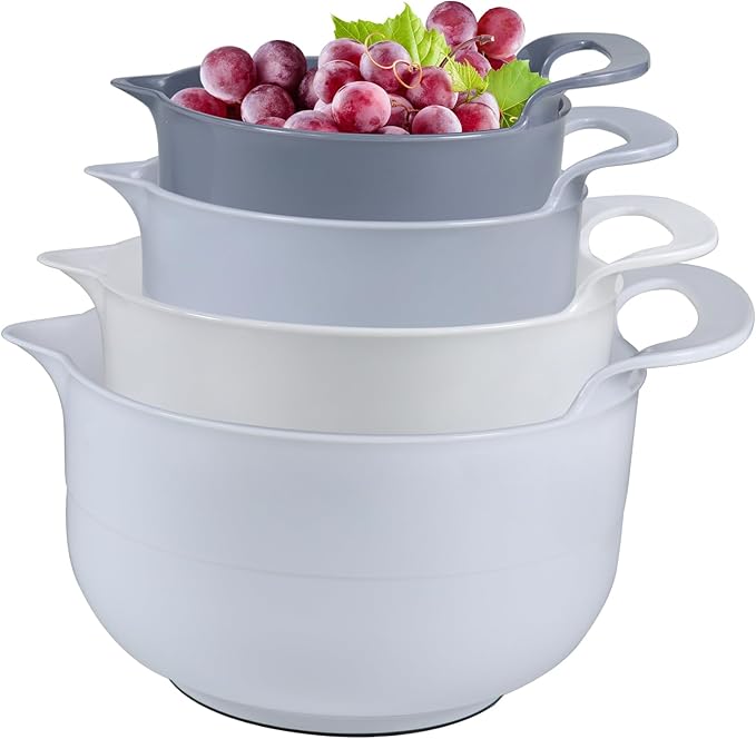 Mixing Bowls - 4 Piece Nesting Plastic Mixing Bowl Set with Pour Spouts and Handles - Non Slip Bottom and Measurement Markings (Light Gray)