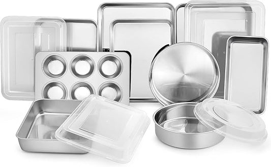 TeamFar Stainless Steel Bakeware Set, 13-Piece Metal Baking Roasting Pans with Lid, Rectangular/Square/Round/Lasagna/Loaf/Muffin Cake Pans, Non-Toxic & Sturdy, Smooth & Dishwasher Safe