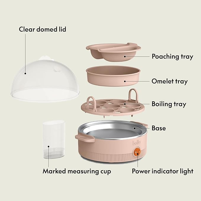 bella Electric Egg Cooker, 7 Eggs Capacity Tray, Single Stack, for Poached, Scrambled, Hard, Medium & Soft Boiled Eggs, Omelets and Steamed Dumplings, Auto Shutoff, 360 Watt, Blossom