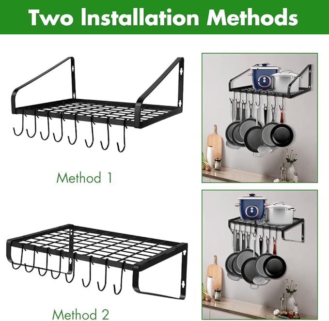 Felibeaco Hanging Pots & Pans Rack,Wall Mounted Pots Pans Organizer Holder Rack with 8 Hooks, Kitchen Wall Storage Organizer Hanger Shelves for Pans Set, Utensils, Cookware, Books, Household,Black