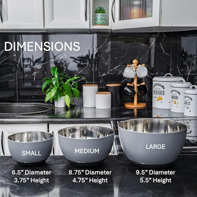 WHYSKO® Stainless Steel Mixing Bowls (Set of 3) with Non-Slip Silicone Base for Kitchen, Dishwasher Safe Bowls for Meal Prep, Cooking, Baking, Serving, Food Storage (Grey)