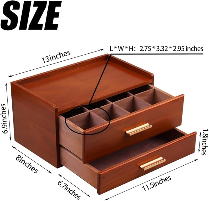 Tea Organizers and Storage Box with Drawer Tea Station organizer for Countertop with 8 Compartments Pine Wood Tea Bag Organizer with Drawer Teabag Holder with 4 Cotton Woven Coasters（Brown02）