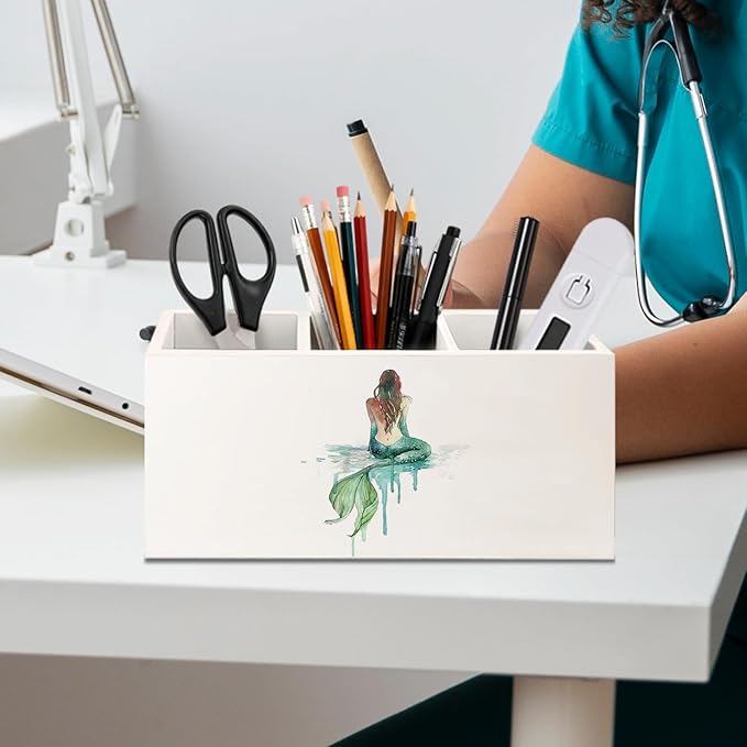 Coastal Beach Mermaid Wooden Utensils Holder, Coastal Kitchen Decor, Watercolor Green Mermaid Wood Cooking Utensil Holder Organizer for Kitchen Countertop Counter Decor
