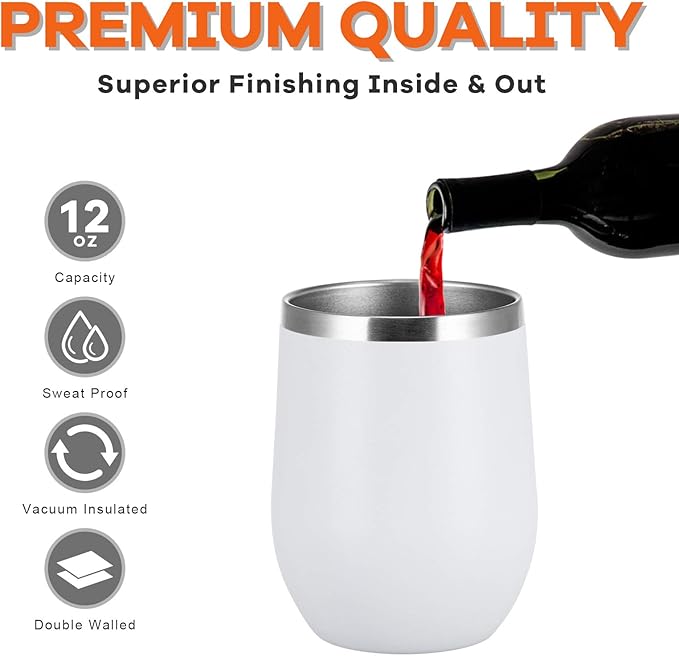 COMOOO 12oz Wine Tumbler with Lid and Straw, Stainless Steel Stemless Wine Glass, Double Wall Vacuum Insulated Wine Tumbler Cup, Cocktails,Beer,Champaign, White, 8 Pack
