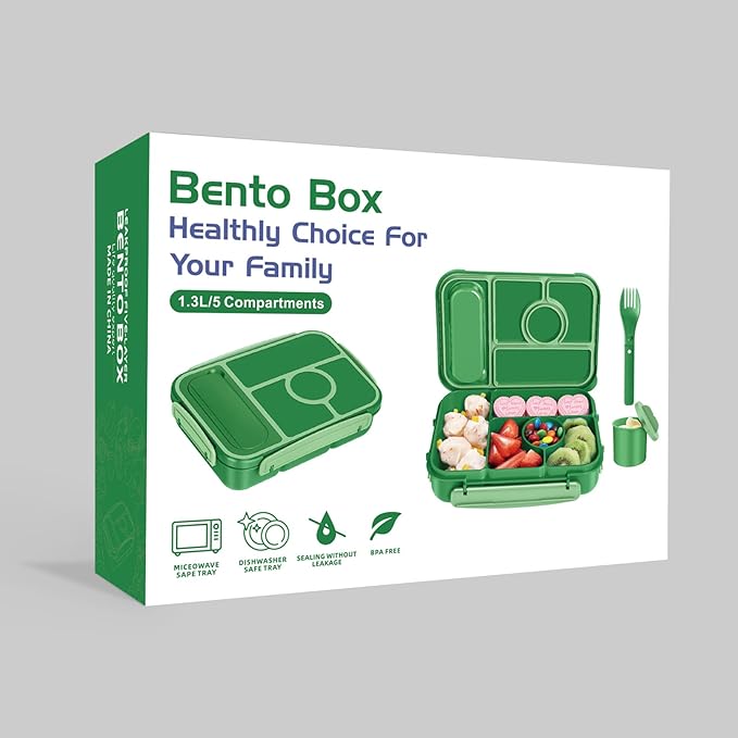 Amathley Bento Box Adult Lunch Box Kids,Lunch Containers for Adults/Kids/Toddler,5 Compartments Bento Lunch Box with Sauce Vontainers,Microwave & Dishwasher & Freezer Safe,BPA-Free (Emerald green)