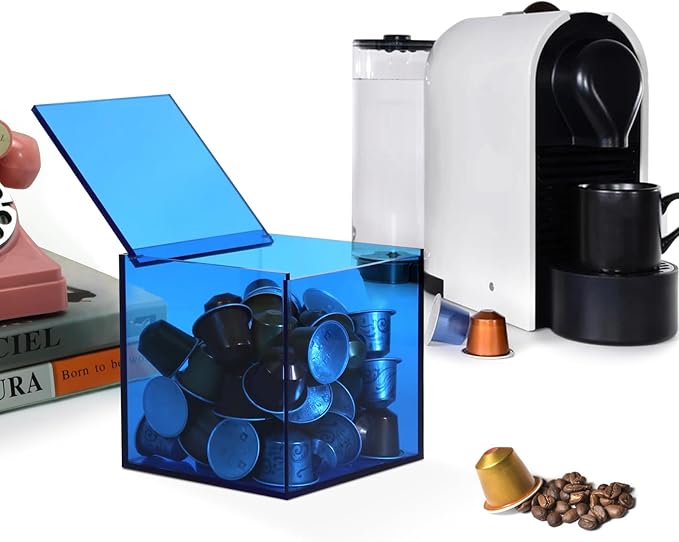 Coffee Capsule Storage Box Coffee Pod Holder Organizers Accessories Anti Dust Durable Clear Acrylic Box for House and Office Use, Blue, 5x5 In