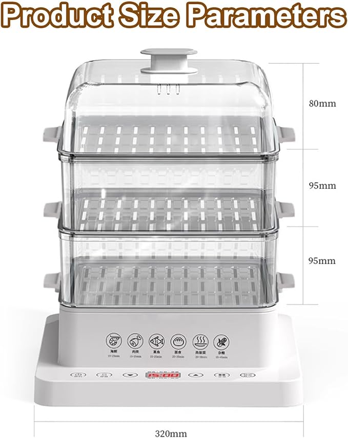 Food Steamer,40l,360° Steam Cycle Electric Steamer,with 3 Stainless Steel Steaming Plates,A Pair of Heat Insulating Gloves,12 Hour Reservation,6 Preset Modes