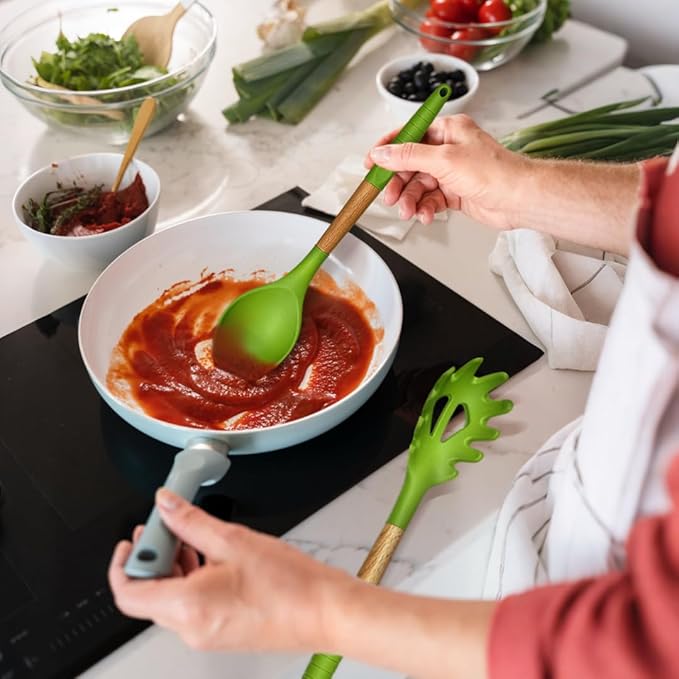Green Silicone Kitchen Utensil Set – 10-Piece Cooking Tools with Wooden Handles & Ventilated Bamboo Holder, Heat-Resistant Silicone, Nonstick Safe, BPA-Free Kitchen Gadgets Set – Sage Green