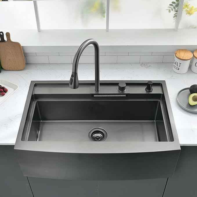 33 Inch Farmhouse Kitchen Sink Splash Guard Waterfall Workstation Black- VOKIM 33x22Inch Apron Front Kitchen Sik Stainless 16 Gauge Farm Sink With Multifunctional Top Loading Flying Rain pull-out
