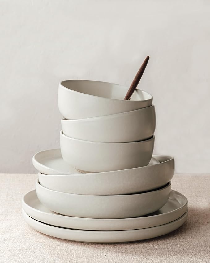 Famiware Milkyway Plates and Bowls Sets, 12 Pieces Dinnerware Sets, Reactive Glaze Dish Set, Stoneware Dishes Set for 4, Matte Beige White