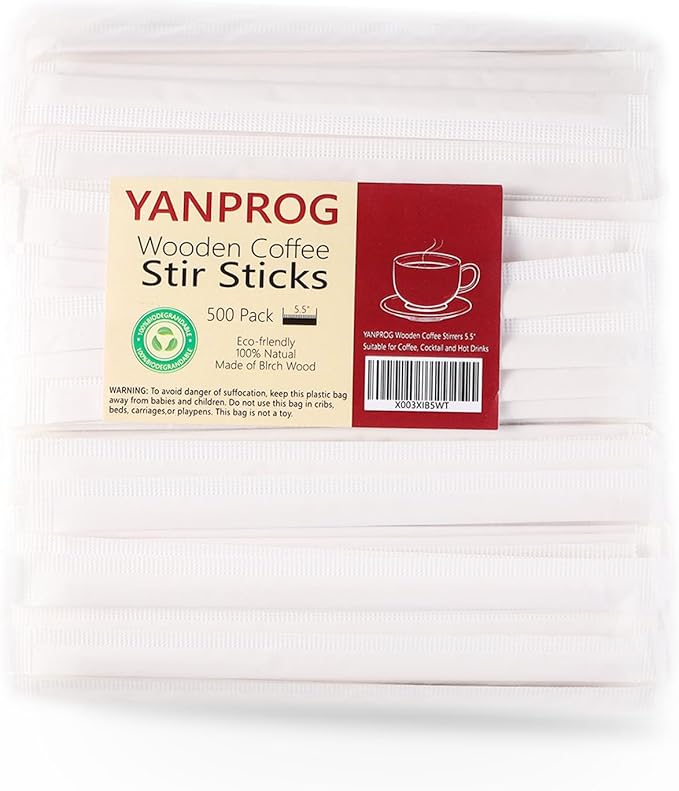 Wooden Coffee Stirrers Individually Wrapped 5.5" Coffee Stir Sticks 500 Pcs, Natural Birch Round End Thick Birch Wood Eco-Friendly Suitable for Coffee, Cocktail and Hot Drinks