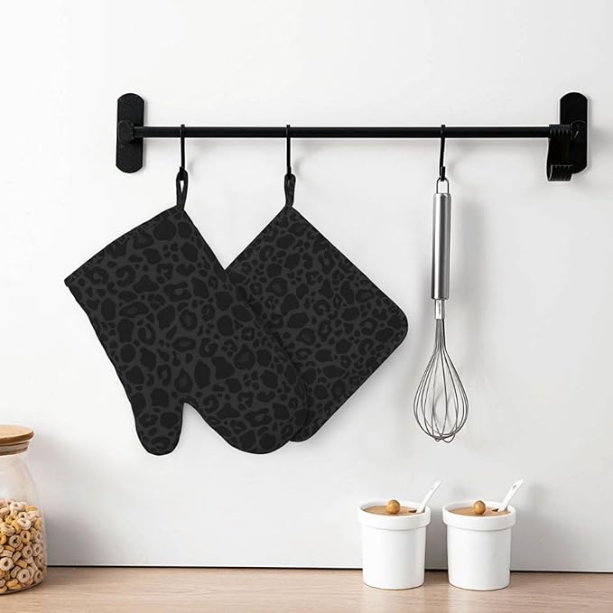 Black Leopard Oven Mitts and Pot Holders Sets Silicone Leopard Print Kitchen Oven Mitts Hot Pads Heat Resistant Cheetah Print Potholders Kitchen Mitts Set for Baking BBQ Cooking