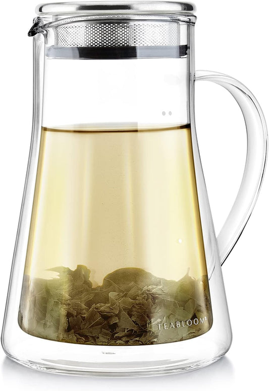 Teabloom Insulated Teapot Keeps Tea Hot – Tea Maker For Two (24 oz) – Double Wall Heatproof Glass Tea Steeper with Stainless Steel Filter Lid for Loose Leaf Tea