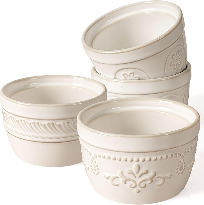 Artena Ramekins Oven Safe, Creme Brulee Ramekins, Embossed White Ceramic Ramiken, Souffle Pudding Custard Cups, Baking Dish, Dipping Bowls, Sauce Cups, Set Of 4 (Multiple Patterns, 8 oz)