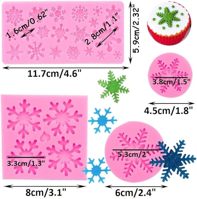 4 Pieces 3D Snowflake Silicone Mold Winter Snowflake Fondant Silicone Mold for Cake Cupcake Decoration Polymer Clay Crafting Projects