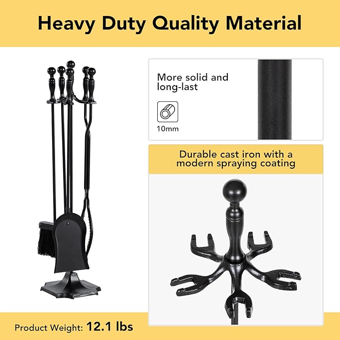 nalone 5 Pieces Fireplace Tools Set with Upgraded Tong, Heavy Duty Wrought Iron Fireplace Accessories Set with Poker, Tong, Shovel, Brush