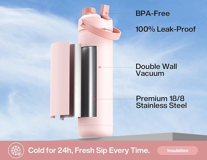 POWCAN 26 oz Insulated Water Bottle with 2-in-1 Straw and Spout Lid, Keep Cold 24H, Leak-Proof, Fits in Car Cup Holder, Stainless Steel Water Bottle for Sports, Travel, and School (Bow Down to Cherry)