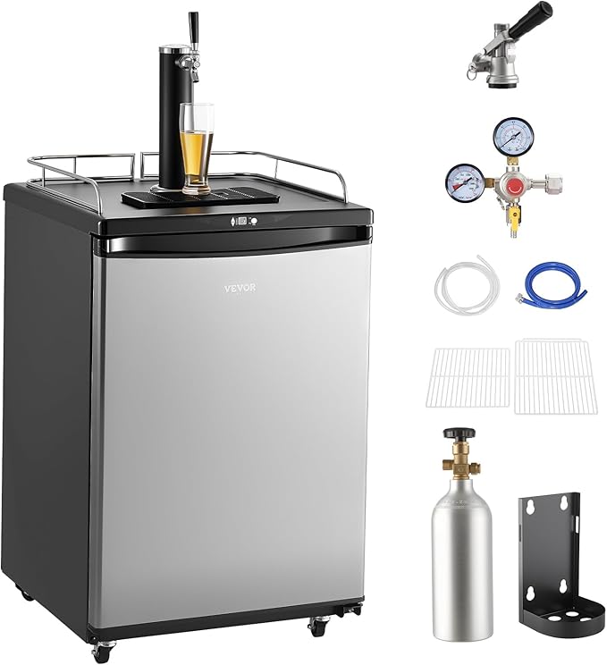 VEVOR Beer Kegerator, Single Tap Commercial Draft Beer Dispenser for D system, Full Size Keg Refrigerator with 5lbs CO2 Tank, Hold 2 Sixth / 3 Ball lock keg, Silver
