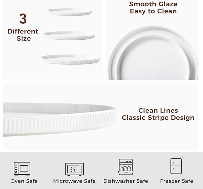 Dizada Round Serving Platters 3-Pack (12.8"/10.8"/8.8") - White Porcelain Serving Trays for Veggie, Fruit, Cheese, Snack, Party Entertaining