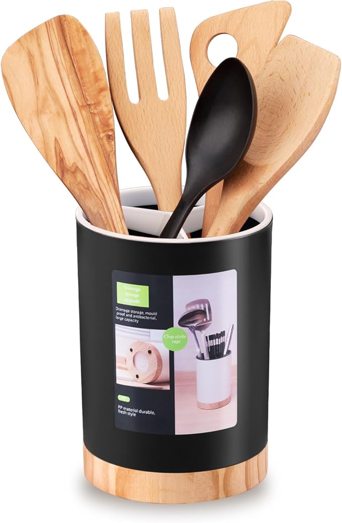 Kitchen Utensil Holder Tableware Storage Bucket, Spoon Chopsticks Fork Drain Rack Utensil Crock for Counter, Household 3-Format Tableware Drainer with Removable Divider and Wooden Base