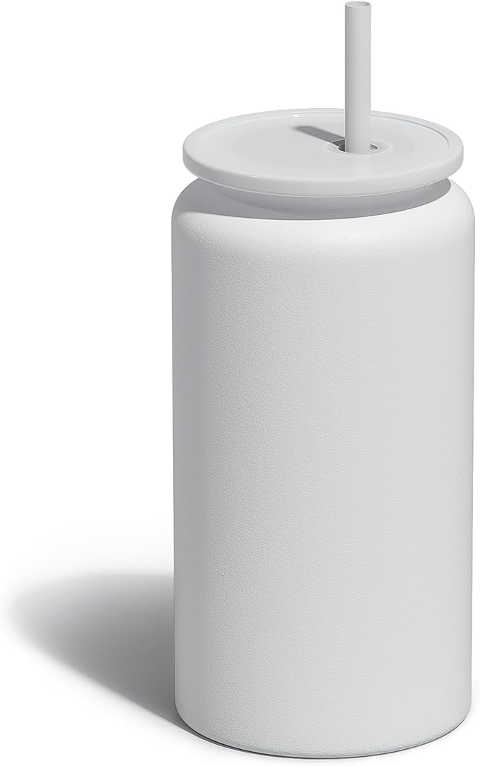 Glass Cups With Lids and Straws, 16oz Stainless Steel Drinking Vessels for Beer, Iced Coffee, Smoothies - White (Textured Matte Finish, Not Sublimatable)