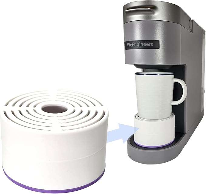 Elevate Anti-Splash Cup Riser Accessory for most Keurig K-cup, Cuisinart Single Serve, and other Coffee Makers, Adjustable for Cup Size and Drip Tray Type (White with Lilac Base)