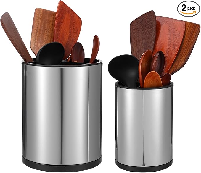 2 Pcs Kitchen Utensil Holder Set, 360° Rotating Stainless Steel Large Cooking Utensil Holder for Kitchen Counter with Removable Base, 3 Compartment Flatware Caddy for Knife Spoon Fork Spatula Tools