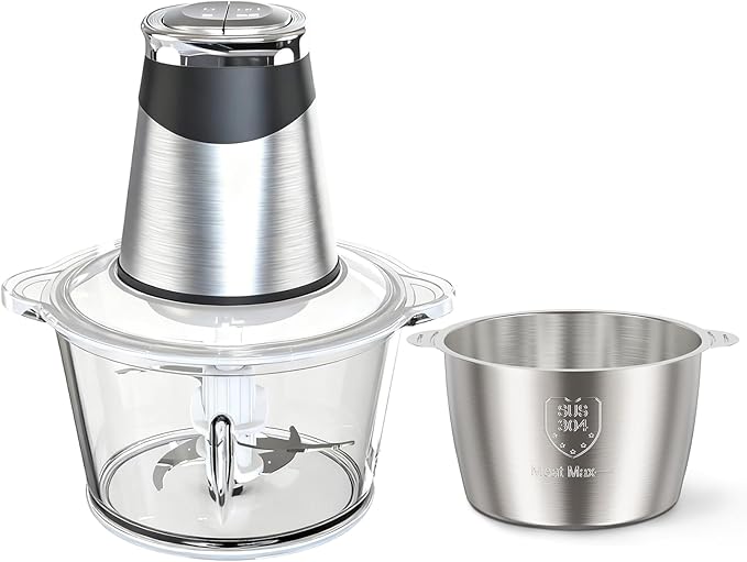 MEGAWISE Electric Food Processor, 800W Meat Grinder & Vegetable Chopper - 2 Bowls (3L Stainless Steel + 3L Glass) with 4 Blades, Dual-Speed Food Chopper for Meat, Fruits, Vegetables, and Nuts