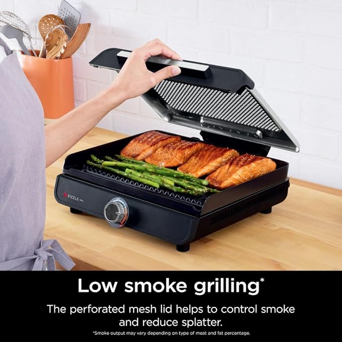 Ninja Sizzle GR100 Smokeless Indoor Grill, 500°F High Heat Kitchen Grill with Nonstick 14-Inch Plate, Low-Smoke Technology, Edge-to-Edge Heating, Family-Sized Capacity, Countertop Cooking Tool