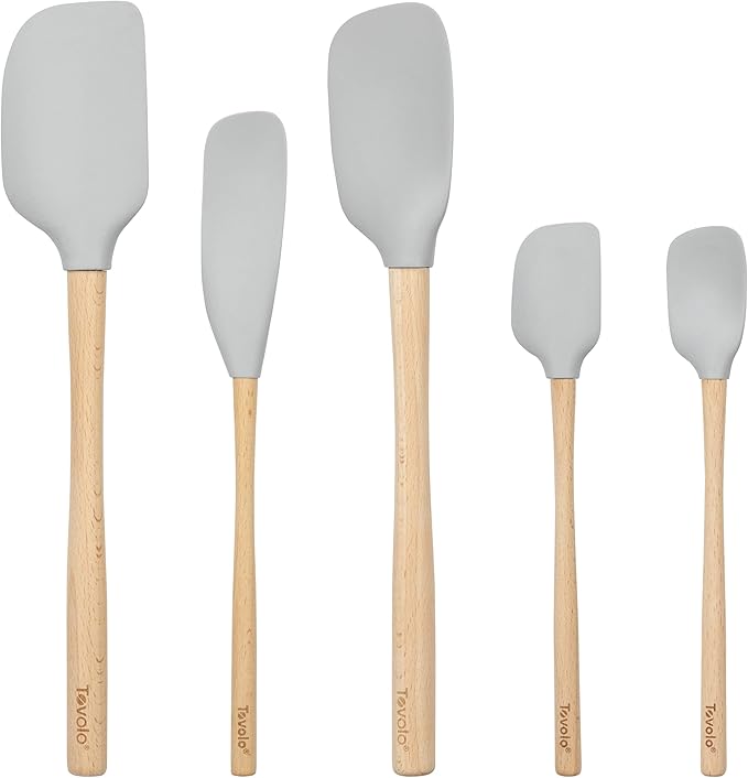 Tovolo Silicone Spatula with Wooden Handle Set of 5 Piece Silicone Kitchen Utensil Set Spoonula Jar Scraper Mini Spatula and Spoonula for Cooking Baking Mixing Folding Oyster Gray