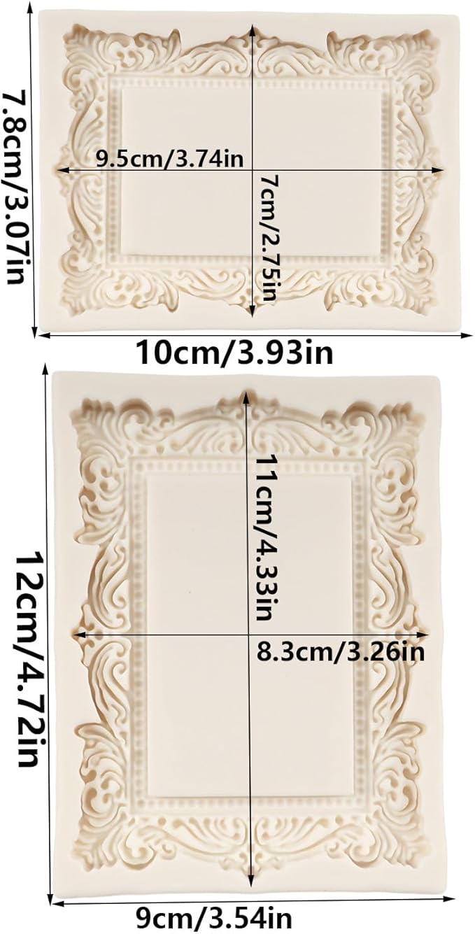 Baroque Photo Frame Fondant Molds Picture Frames Silicone Mold Vintage Mirror Frame Molds for Cake Decoration Cupcake Topper Chocolate Candy Polymer Clay Gum Paste Set of 2
