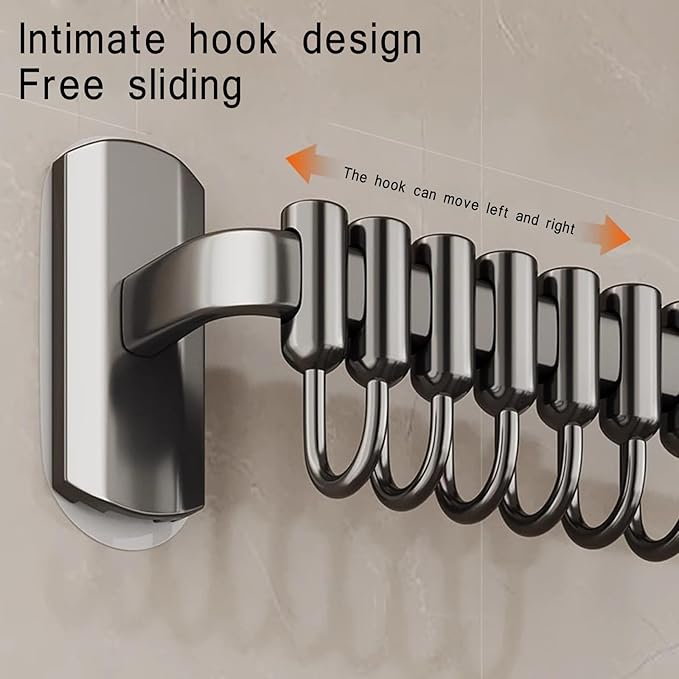 Rail Rack Organizer Self Adhesive Kitchen Utensil Rack Aluminum Wall Mounted Hanging Rail 8 Removable Hooks Pots Pans Spoons Knives,Grey,45cm