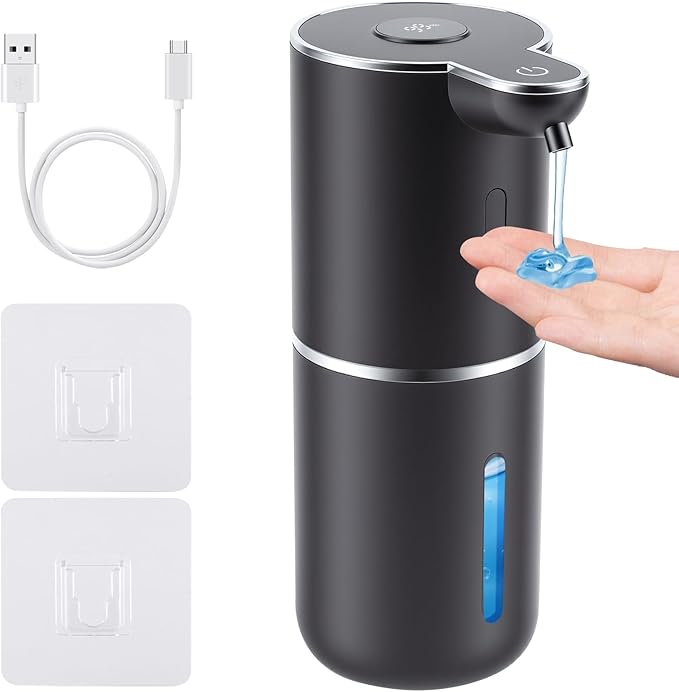 Automatic Soap Dispenser, Hand Soap Dispenser 12.8oz/380ml Smart Rechargeable, Black Soap Dispensers with 6-Level Touchless, Wall Mounted or Countertop Dish Soap Dispensing for Bathroom & Kitchen