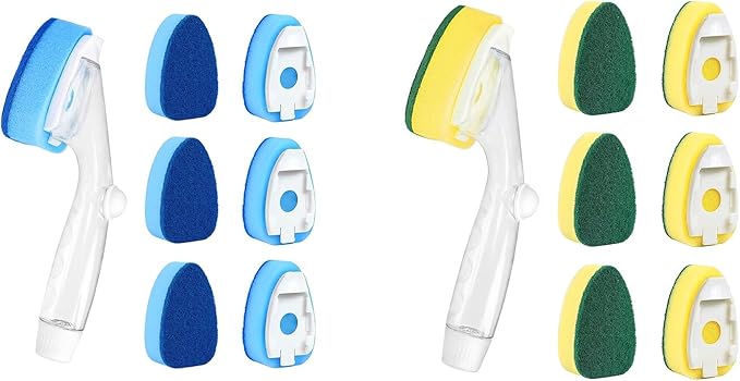 Dishwand Refills Soap Control Handle,6 Heavy Duty Dish Wand Sponge Heads,Non Scratch Scrubbers Replacement Refill Brush Dispenser,Dishwashing Scrub for Sink Stick Kits Dishwasher Cleaning Tool