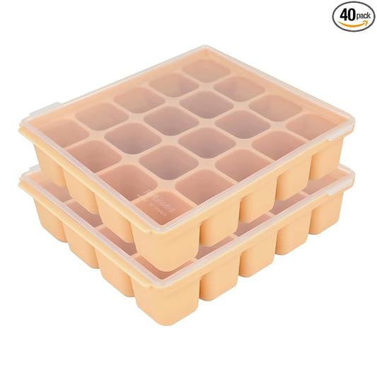 Baby Food Storage Silicone Cubes with Clip-On Lid Freezer Tray Baby Food Soups Purees Ice Safe Design Made in Korea(20cubes 0.8oz, Sand Beige Set of 2)