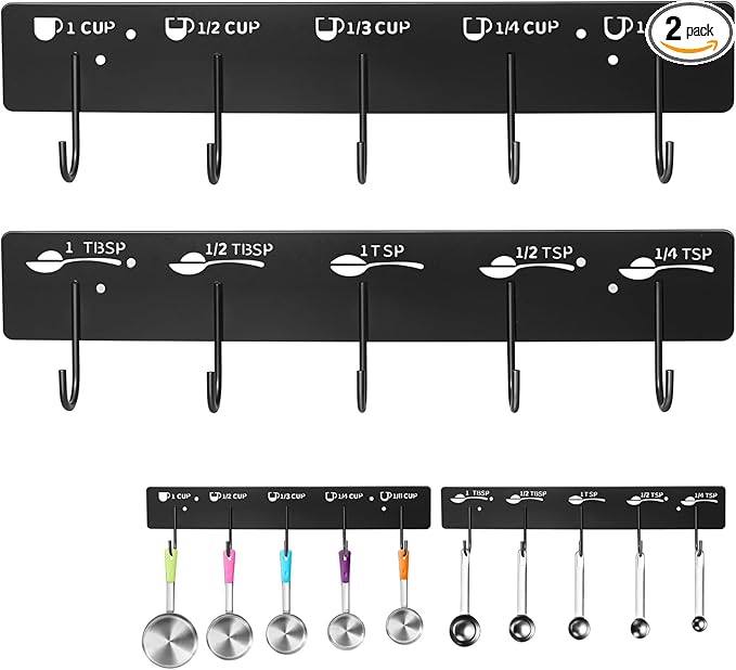 2 Pack Measuring Cups and Spoons Hanging Rack, Measuring Organizer Suitable for Kitchen, Black Cups and Spoons Rack, Including Screw and Adhesive Mounting