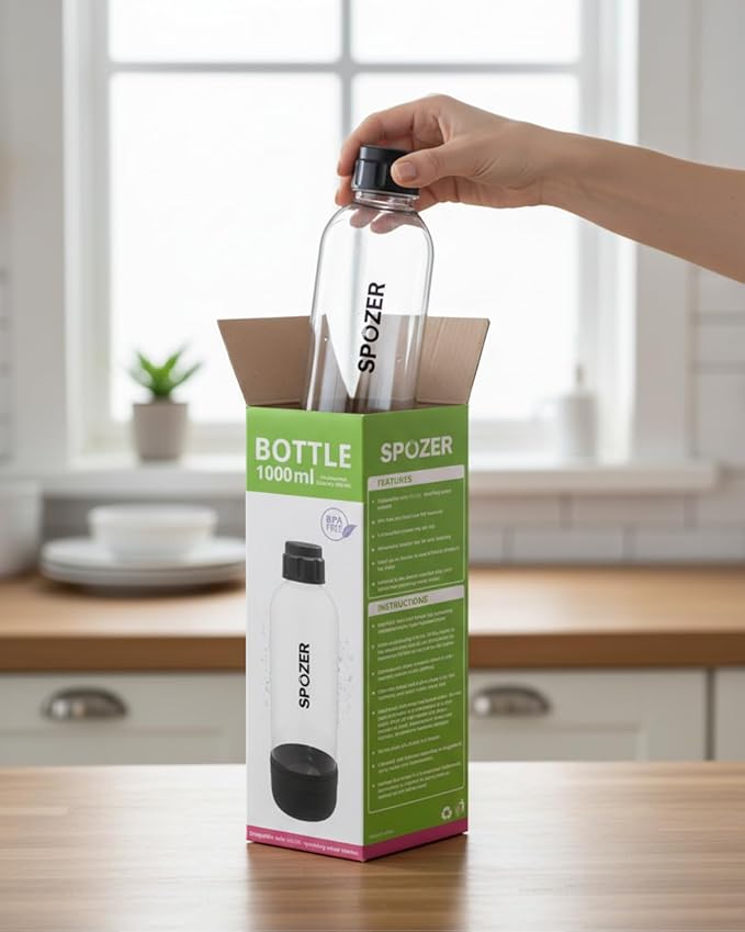 SPOZER 1L Soda Carbonating Bottles – BPA-Free Reusable Sparkling Water Bottles, Leakproof & Airtight, Ideal for Home Kitchen & Parties - 1 Pack