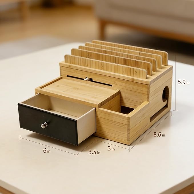 Bamboo Charging Organizer for Multi-Devices, with Drawer and Pen Holder, Nightstand Desk Charging Stations Electronic Organizer for Cell Phone, Tablet, Etc (with 5-Cable, No USB Charger)