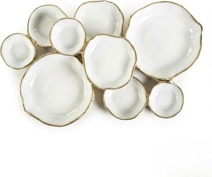 Cluster of 9 Round Serving Bowls Enamel Clusters Decorative Elegant Snack Tray for Olives, Chip & Dip, Nuts, Appetizers & Entertaining Strong Brass & Enamel Home Decor Gifts, Parties & Weddings 22"