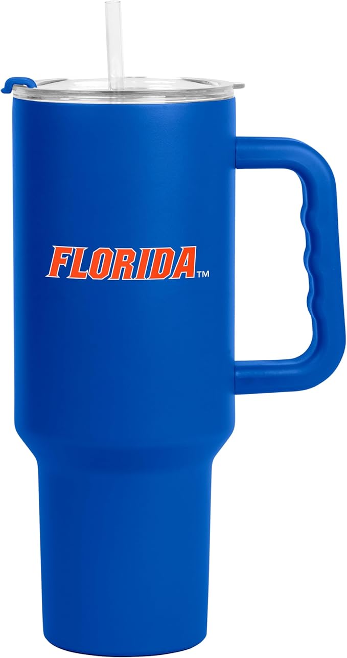 Logo Brands NCAA 40 oz Tumbler with Handle -Stainless Steel Insulated Travel Tumbler with Straw Lid – Powder Coated, Leak-Resistant, Keeps Drinks Hot/Cold – Great for Tailgating, or Everyday Use