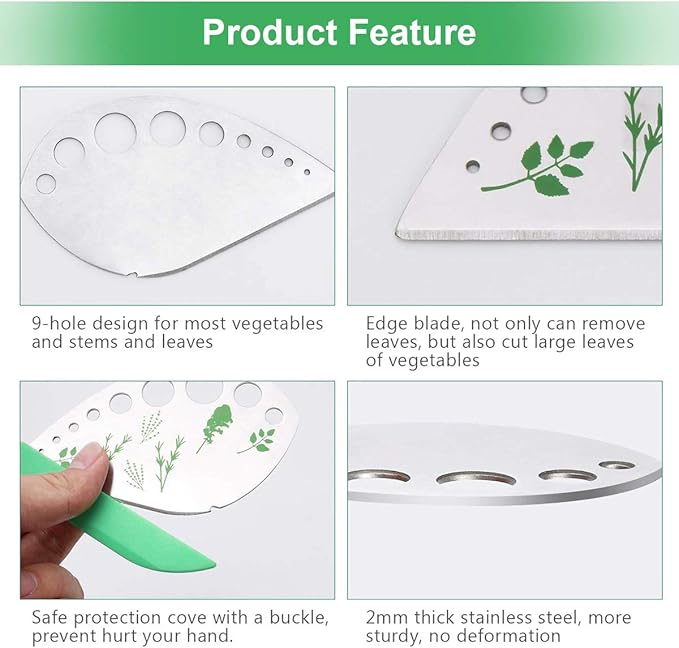 Leaf Herb Stripper, Stainless Steel Kitchen Herb Stripper Tool, 9holes, 2 in 1 design,Curved edge can be used as a kitchen knifefor Chard, Collard Greens, Parsley, Basil, Rosemary Herb, Taragon, Thym