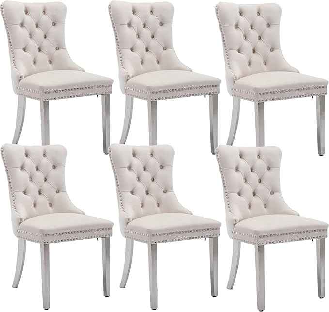 Velvet Dining Chairs Set of 6, Upholstered Dining Room Chairs with Back Ring Pull Trim and Sliver Stainless Steel Legs,Modern Kitchen Chairs Perfect for Dining Room,Living Room,Kitchen(Beige)