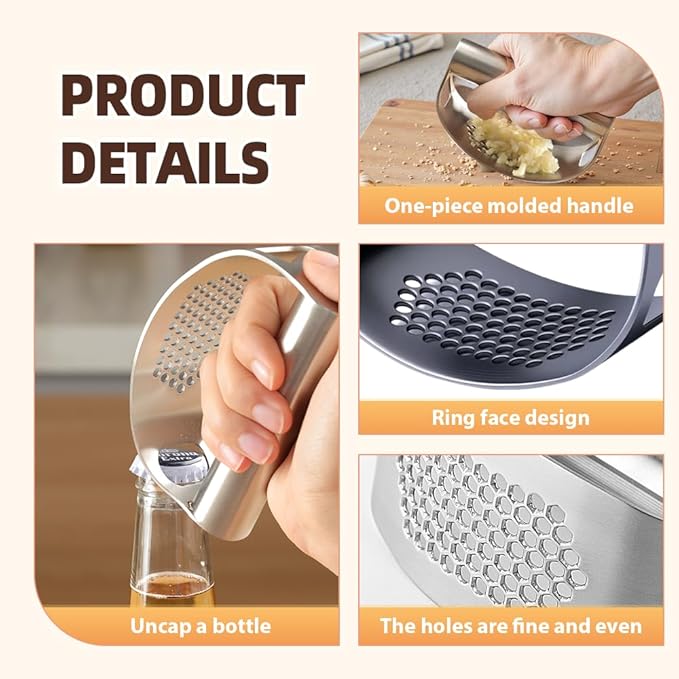 Stainless Steel Garlic Press, 2025 New Arc Shape Stainless Steel Ring Garlic Chopper, Garlic Presse Rocker Garlic Press Mincer Crusher Press, Kitchen Heavy Duty Handle Garlic Chopper (2)