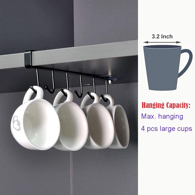 AliCH 2pcs Mug Hooks Under Cabinet Mug Holder Rack,Nail Free Adhesive Coffee Cups Holder Hanger for Cups/Kitchen Utensils/Ties Belts/Scarf/Keys Storage, Fit for 0.8inch Thickness Shelf or Less (Black)