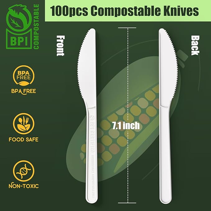 Gezond 100% Compostable Knives 100 Count, No Plastic Biodegradable PLA Knives Disposable Eco Friendly Heavy Duty Cutlery Suitable for Party Picnic Office Everyday Use