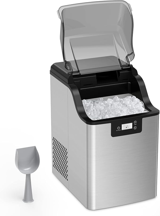 Acekool Nugget Ice Maker, Pebble Ice Maker Machine, 30lbs Per Day, 3Qt Water Reservoir & Self-Cleaning, Stainless Steel Finish Ice Machine for Home Office Bar Party, Silver