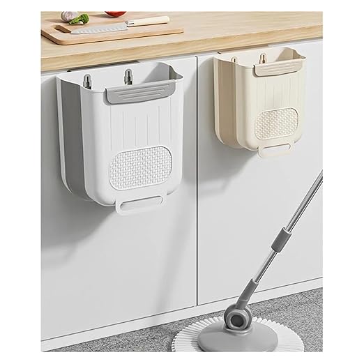 Collapsible Hanging Kitchen Trash Can Kitchen Waste Bin Hanging Countertop Trash Can Wall Mounted Recycling Garbage Basket for Bathroom(L,Milky White)