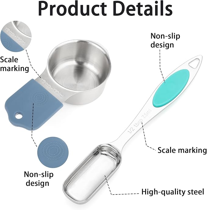 Magnetic Measuring Cups and Spoons Set, 7 Stainless Steel Measuring Cups and 7 Rectangular Metal Teaspoon with 1 Leveler for Cooking & Baking (Colorful)