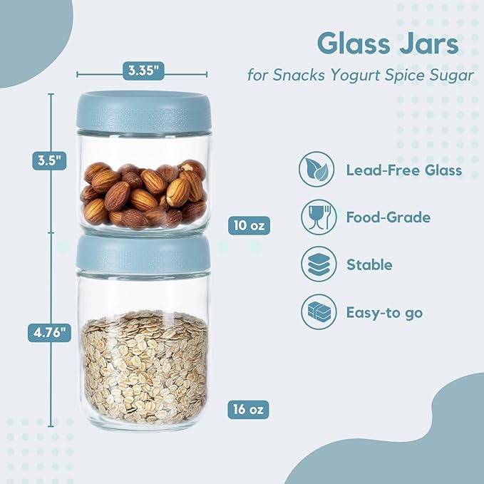 ColoVie 8 Pack Overnight Oats Containers with Lids, Chia Seed Pudding Jars, Stackable Mason Jars with Airtight Lids, Meal Prep, Wide Mouth Glass Food Storage for Snacks Yogurt Spice Sugar, 16oz 10 oz