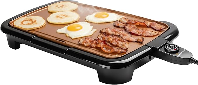 OVENTE Electric Griddle with 16 x 10 Inch Flat Non-Stick Cooking Surface, Removable and Adjustable Temperature Control, Indoor Grill for Instant Breakfast, Pancakes, Eggs or Burgers, Copper GD1610CO